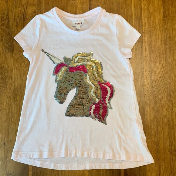 SEED HERITAGE Girls Unicorn T-Shirt 4 4T Flip Sequins Tee Top Girl Pale Pink - Picture 2 of 6